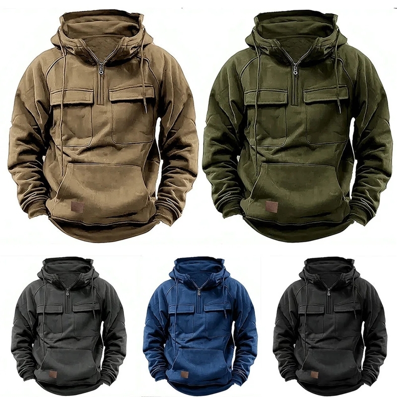 Half Zipper Mens Tactical Hoodies Solid Warm Fleece Military Sweatshirts Multi Pockets Male Hooded Jackets Thick Outdoor Polar y250304