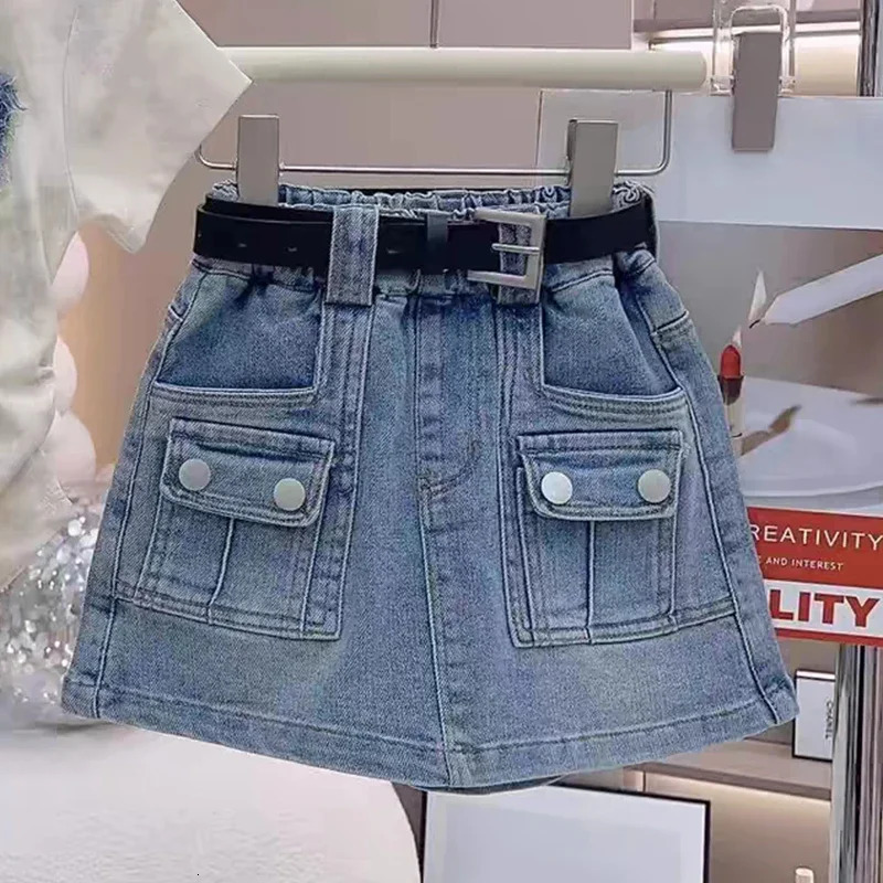 Girls Clothing Sets Summer Personalized Ragged Fabric Splicing Embroidered Short sleeved TopChildrens Casual Denim Skirt Suits 250304