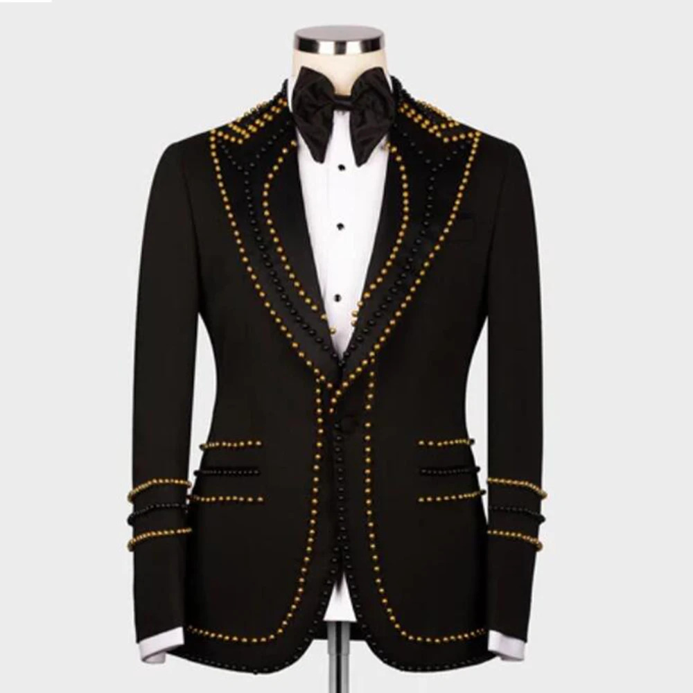 Formal Man Suit Jackets GoldBlack Pearls Handmade Prom Blazer Sets Banquet Dinner Party Wedding Groom Tuxedos Customized 250304