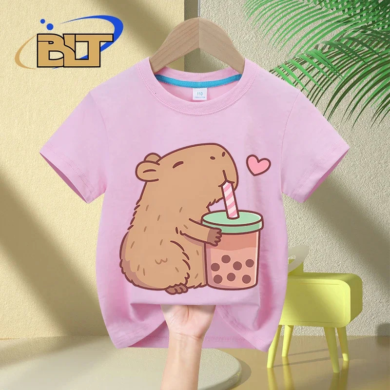 Cute Capybara Loves Bubble Tea print kids T-Shirt summer childrens short-sleeved casual tops boys and girls gifts 250304
