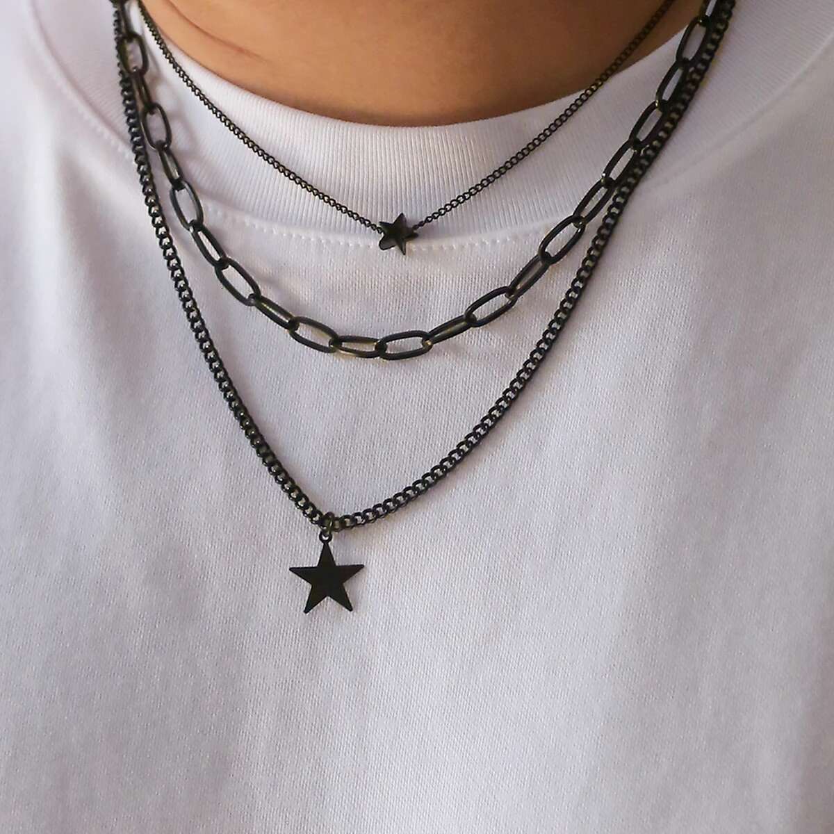 Lacteo Trendy Star Charm Necklace for Men Multilayer Pendant Choker Hip Hop Neck Chain Jewelry Rock Collar Street Daily New