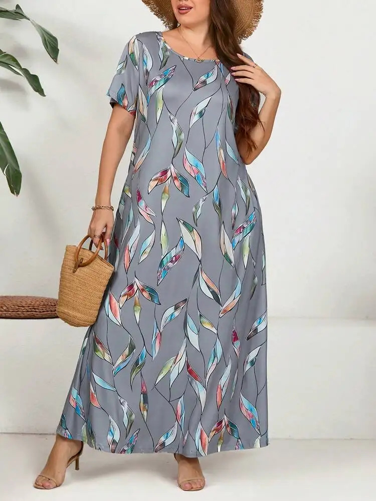 2024 SpringSummer Womens Fashion Short Sleeve plus size Printed Feather Large Size Dress 250225