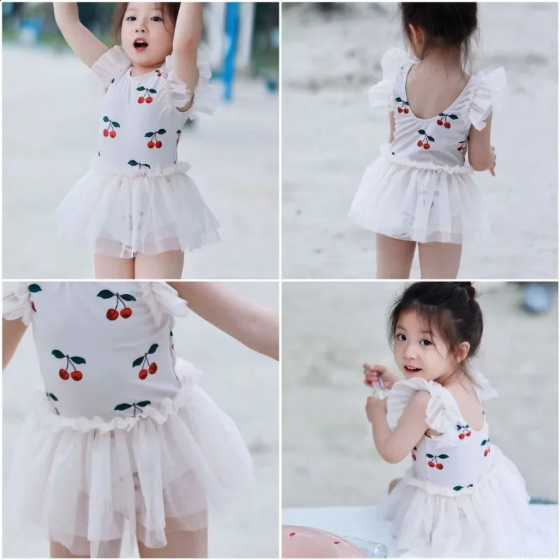 Princess Mesh Swimsuit Baby Girl Swan Cherry Sling Cute Swimming Suit Quick Drying Sun Protection Swim Wear with Cap H8126 250304