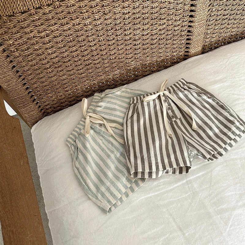 Vintage Linen Cotton Baby Boys Stripe Shorts Casual Buttons Pocket Baby Short Pants for Toddler Girls Clothing 0-24M 250304