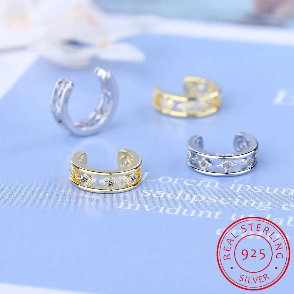 100% Real Sterg Sier Stars Fashion Punk Ear Cuff Clear CZ Sparkg Clip Earrings For Women Grils Fine Jewelry