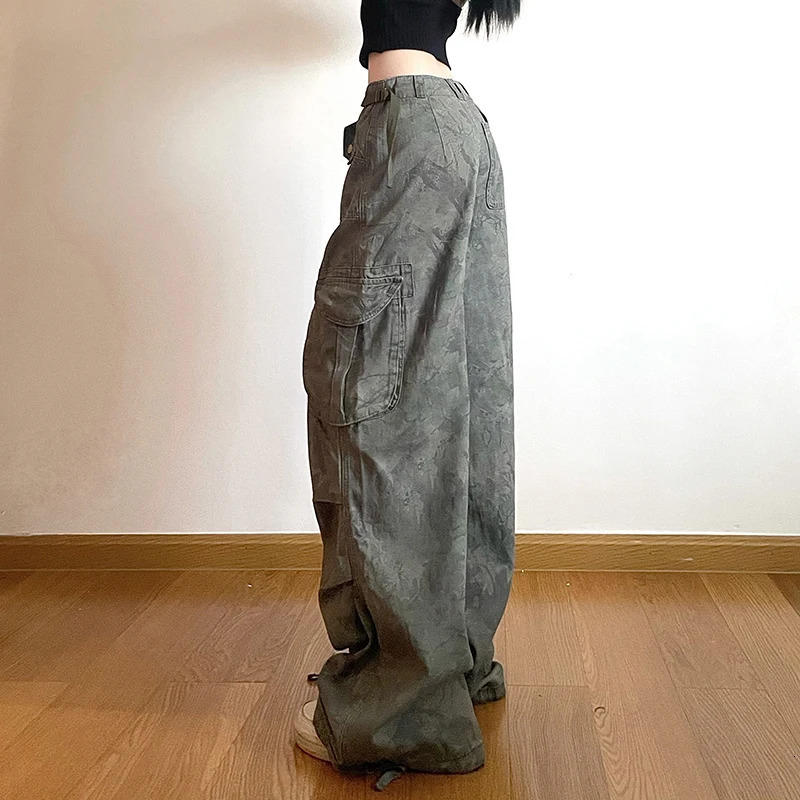 SUCHCUTE American Vintage Camouflage Cargo Jeans High Street Low Waist Denim Pants for Women Streetwear Pockets Hip Hop Trousers 250304