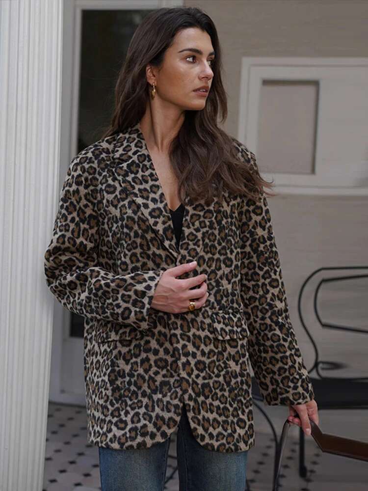 Fall Leopard Print Jacket Blazer Women Lapel One Button Long Sleeve Loose Coat Female Fashion All-Matching New In Outwears