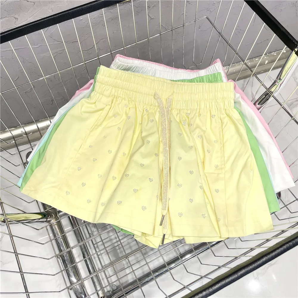 Limiguyue Little Love Diamonds Summer Wide Leg Shorts Elastic Waist Lace High Quality Womens Trouser Z266 250304