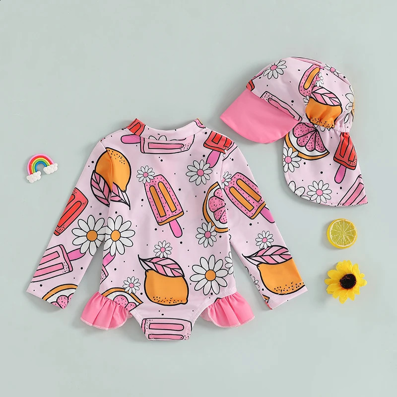 Baby Girl Swimsuit with Sun Hat Set Cute Mermaid Scale Print Zip Up Long Sleeve Rash Guard Swimwear for Toddler Girls 250304