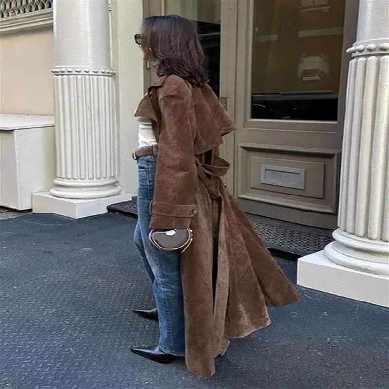 American Retro Lapel Double-Breasted Long With Belt Temperament Commuter Windbreaker Jacket