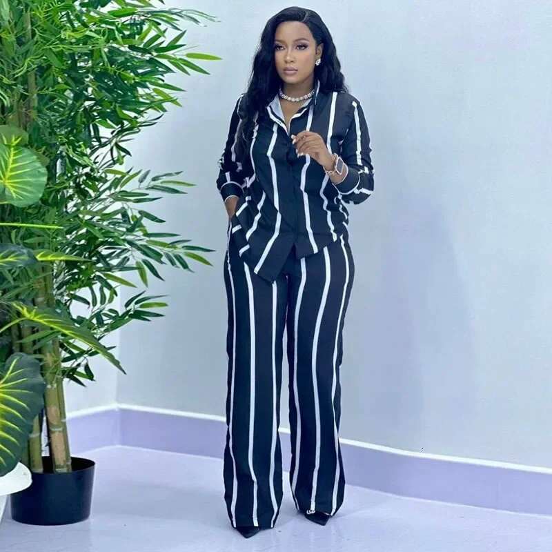 Summer Fashion Stripe African Casual Button Long Sleeved Shirt Wide Leg Pants Two Piece Set Women
