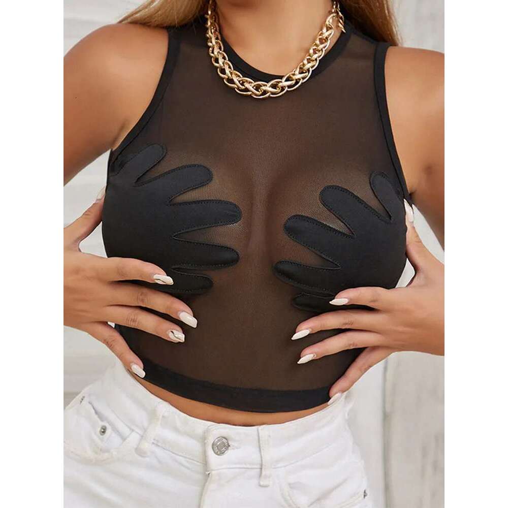 Patchwork Mesh Vest Women Sexy Round Neck Sleeveless Summer Body-Shaping See Through Hipster Crop Tops Lady Tank KLMY