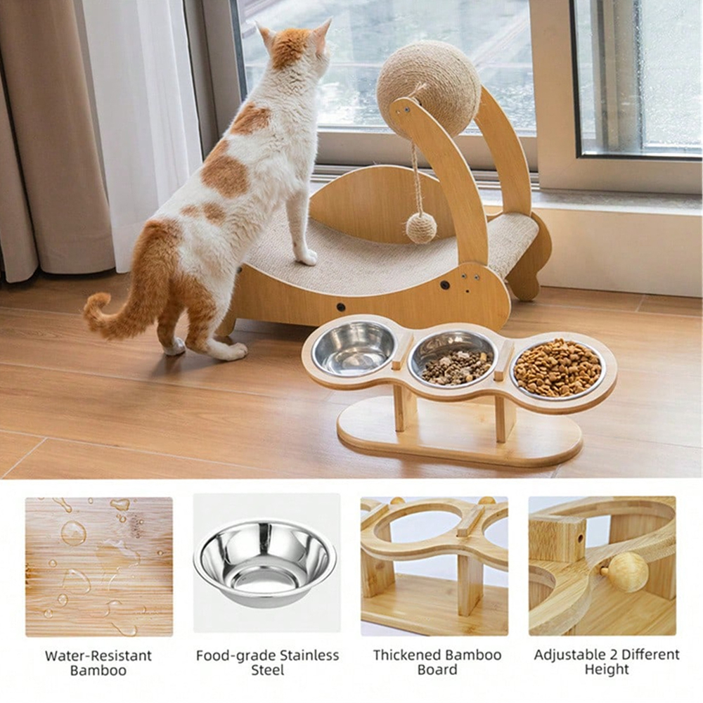 Cat 3 Bowls in 1 Feeder Feeding & Watering Supplies Food Bowl 15-Degree Tilt Raised 3 Stainless Steel Bowls Wood Brackets Puppy