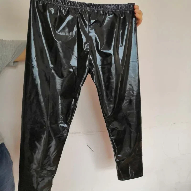 Black Leggings Shinny Pencil Elastic Trousers Unisex Men Summer High Waist PU Leather Thin Pants 250304