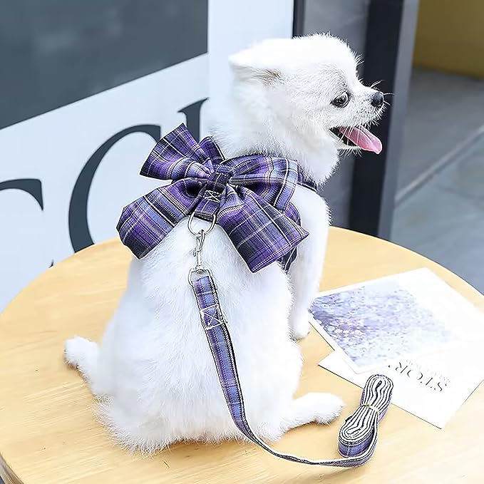 Plaid Dog Dress Bow Tie Harness Leash Set, Dog Clothes Harness Dress with Leash Ring for Small Dogs Girl, Puppy Princess Clothes Chihuahua Yorkies Pet