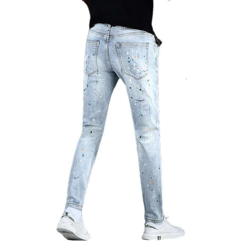 Trendy High-End Jeans Men's Personalized Paint Printing Slim Fit Skinny Stretch Casual Street Motorcycle Trousers