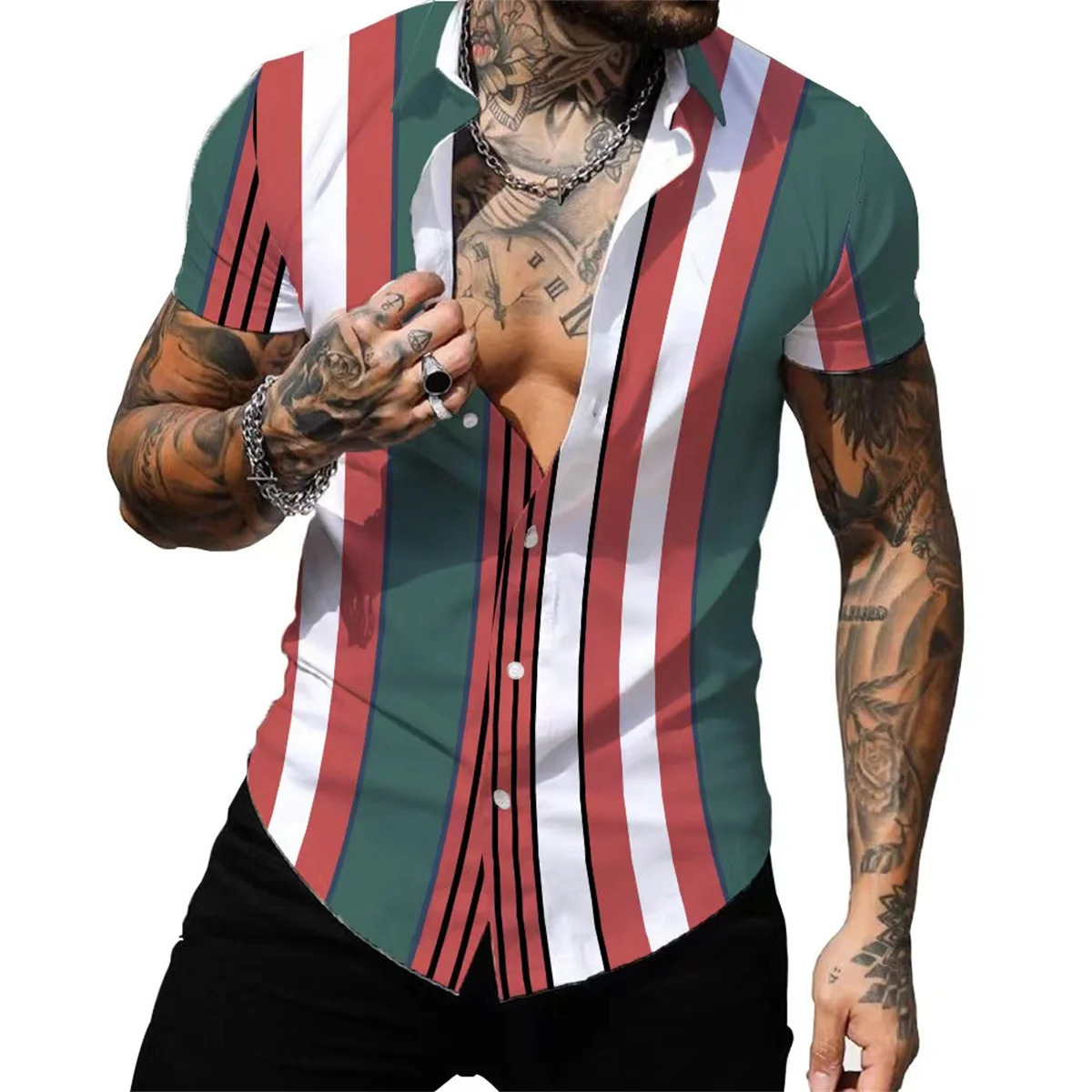 Striped colored shirt casual outdoor street party mens highquality button down Tshirt short sleeved 2023 250227Z