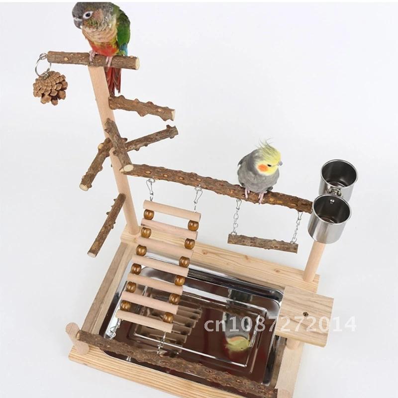 Parrot Playstand Bird Plays Stand Cockatiel Perch Wooden Playground Playground Gym Ladder Plate with Toy Metal Feeder