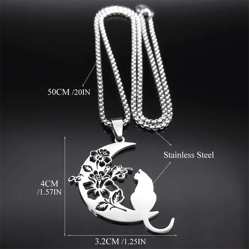 Aesthetic Cat wer Moon Crescent Necklace for Women Men Stainless Steel Sier Color Bohemia Chain Gift Jewelry collar 3220