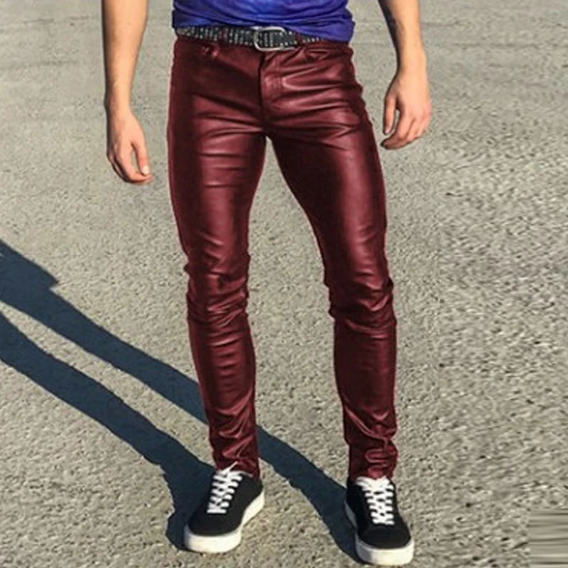 Fashionable mens ultrathin slim fit leather pants solid color mid waist tight elastic PU Trousers 2023 springsummer streetwear retro 250304