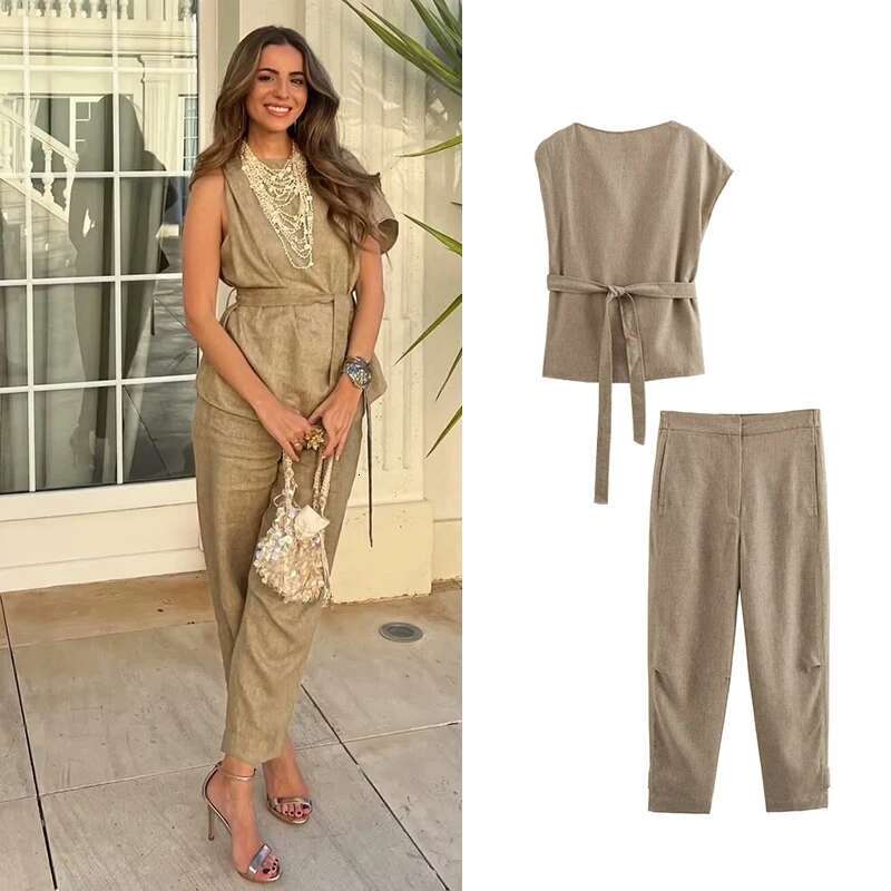 2024 New Women's Summer 2-Piece Elastic Waist Women Pants Sets Street Elegant Fashion Straight Belt Holiday Set