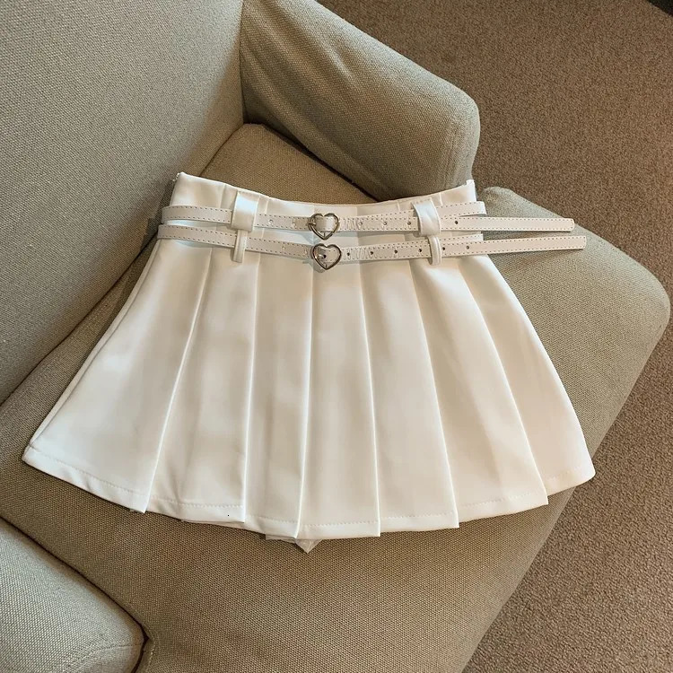 Women Pleated Mini Skirt with Dual Heart Belt for Teen-girl High Waist Tennis Skirt Preppy Summer Y2K Outfit 250228