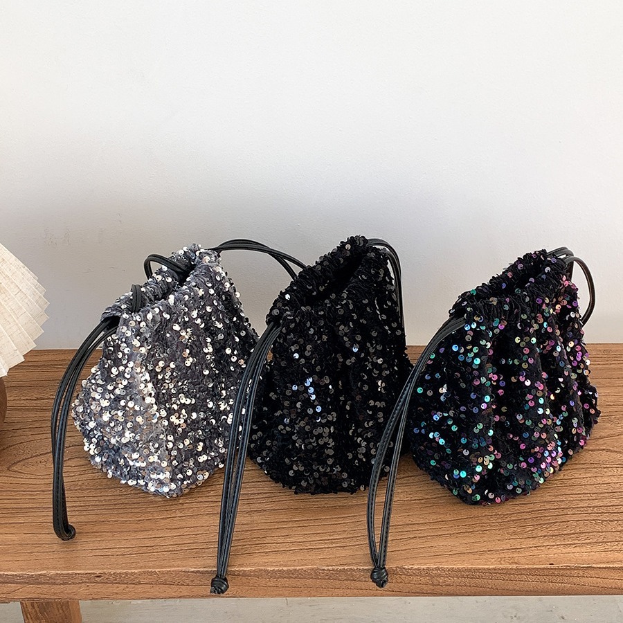 Handheld Bucket High-End Feeling, Drawstring, Pleated Single Shoulder Crossbody Bag, Women's Fashionable Colorful Sequin Bag