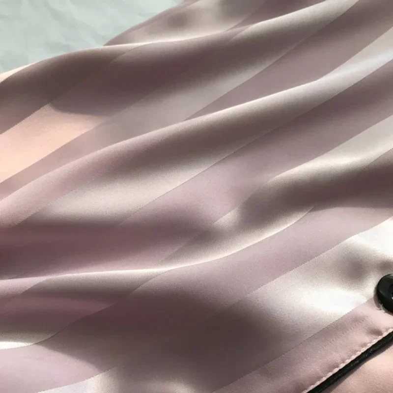 2Pcs Women Sleep Lounge Set Plus Size Seamless Satin Pajama Top Short Set Striped Button Up Short Sleeve Shirt Pants PajamasT250305