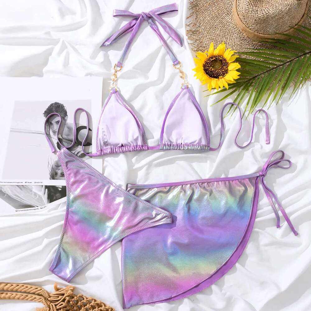 Rhie Sexy Bikini Set 2024 Women Purple Illusory Push Up Skirt 3 Piece Swimsuit Beach Bathing Suit Thong Swimwear Km-Ly