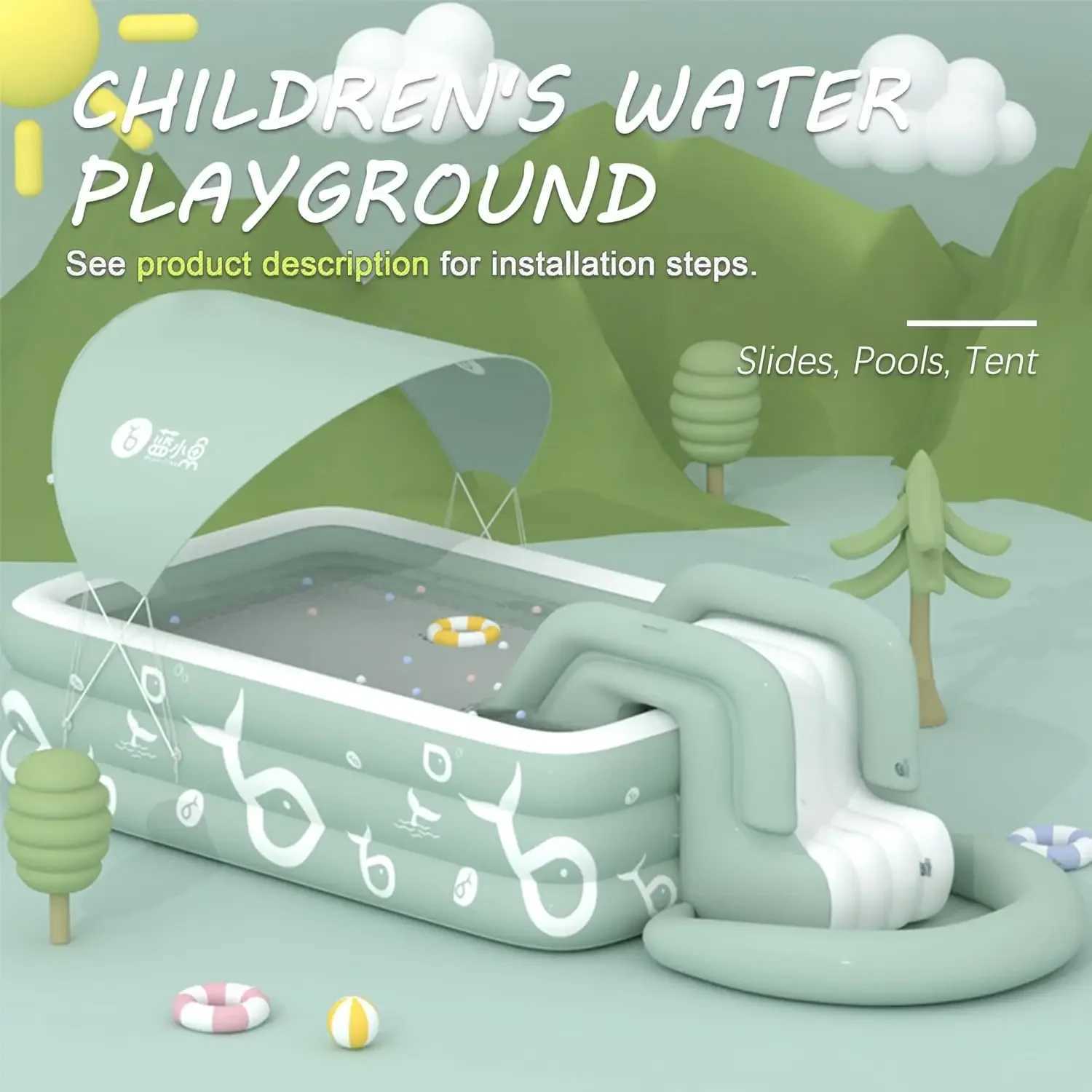 Inflatable Pool with Canopy and SlideLarge Inflatable Swimming Pool for PersonsFamily Pool for Backyard OutdoorXJ250305