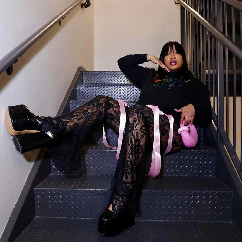 Womens Lace See Through Bow Trousers Sexy Tulle Balletcore Bell-Bottomtrousers Pant Casual Pants Flared Trousers Club Wear 250304