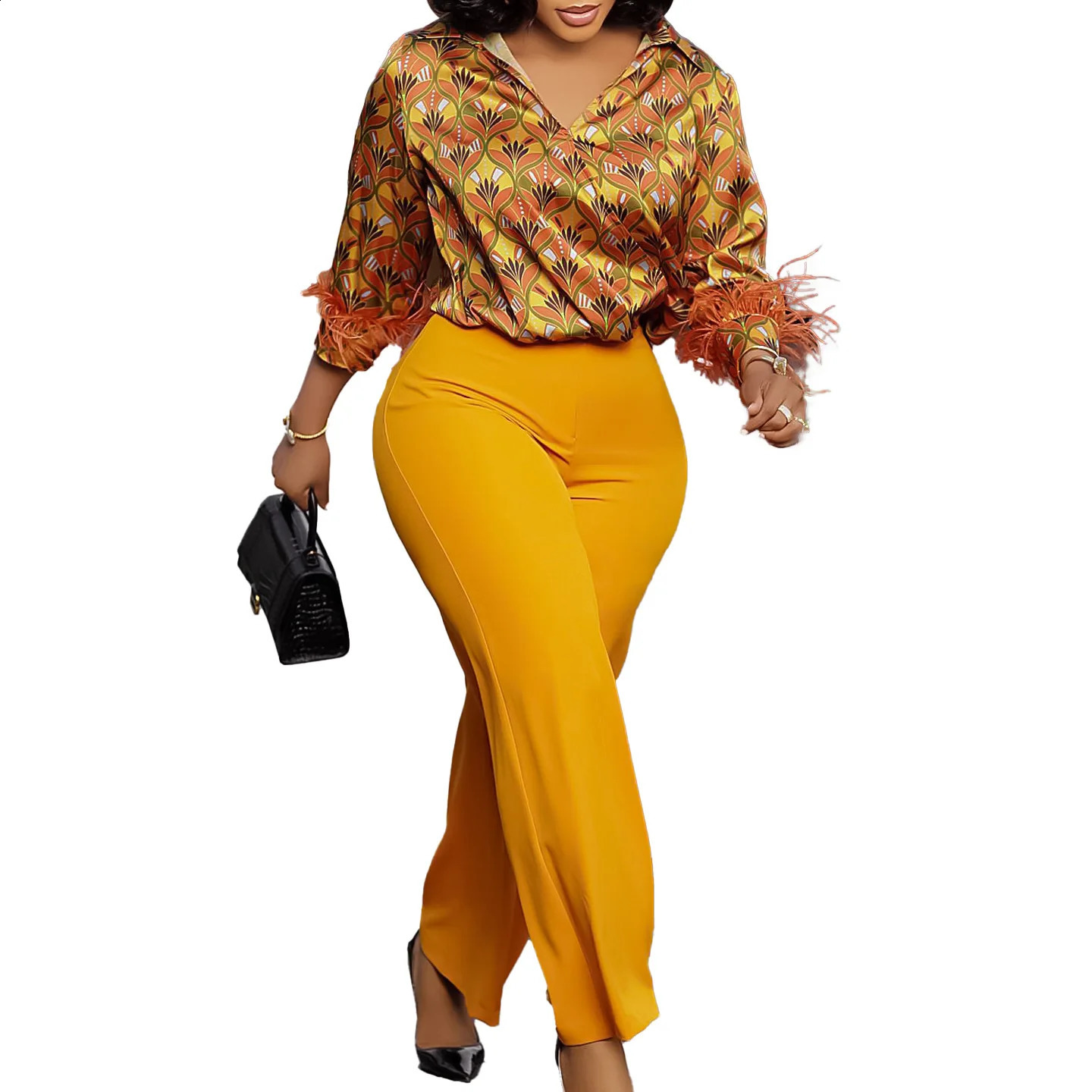 Autumn Winter Fashion Printed Two Piece Set African Women Office Ladies Satin Shirt Wide Leg Pants 250305