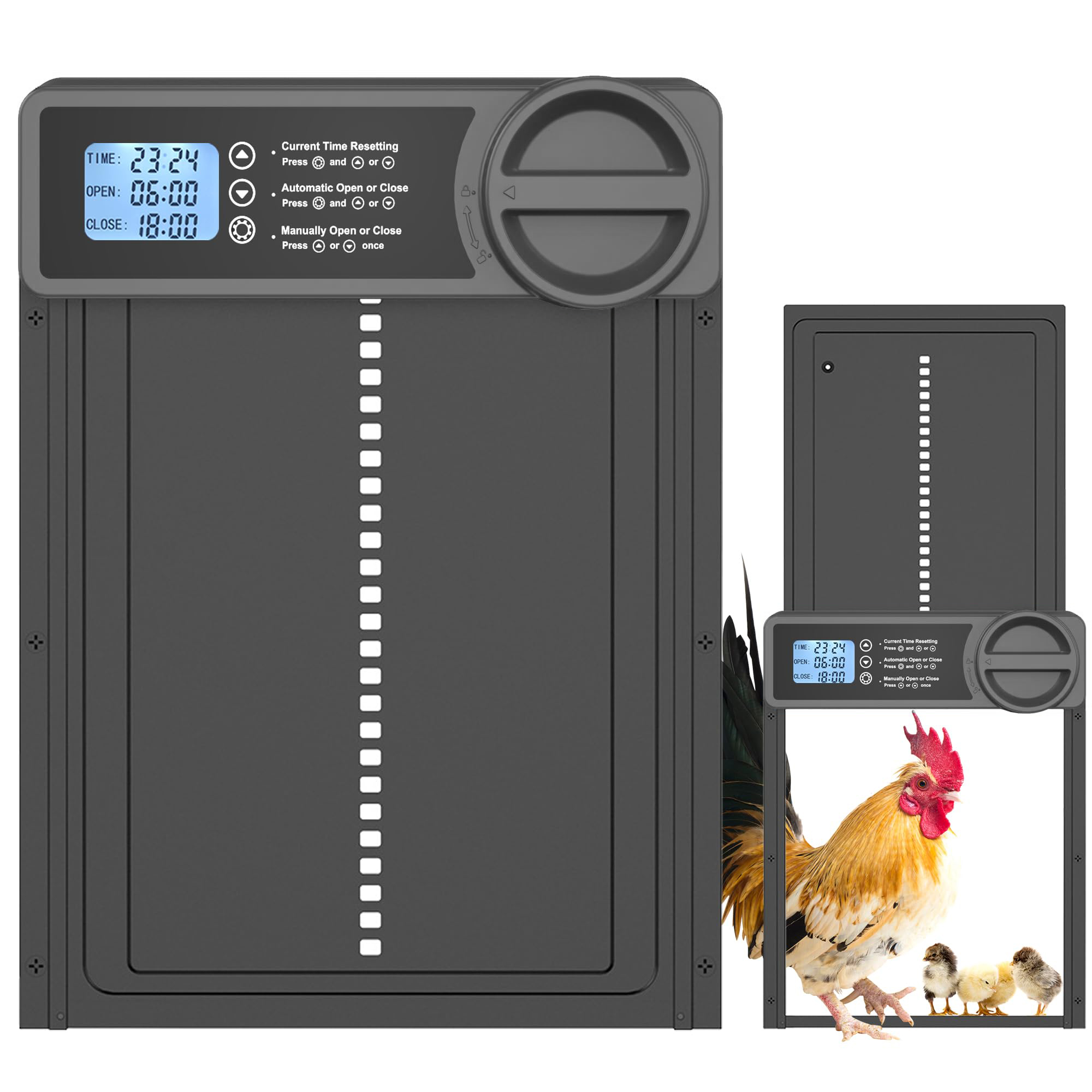 Automatic Chicken Coop Door 2Pcs, Aluminum Automatic Chicken Door with Battery-Powered, LCD Display Timer and Anti-Pinch Feature