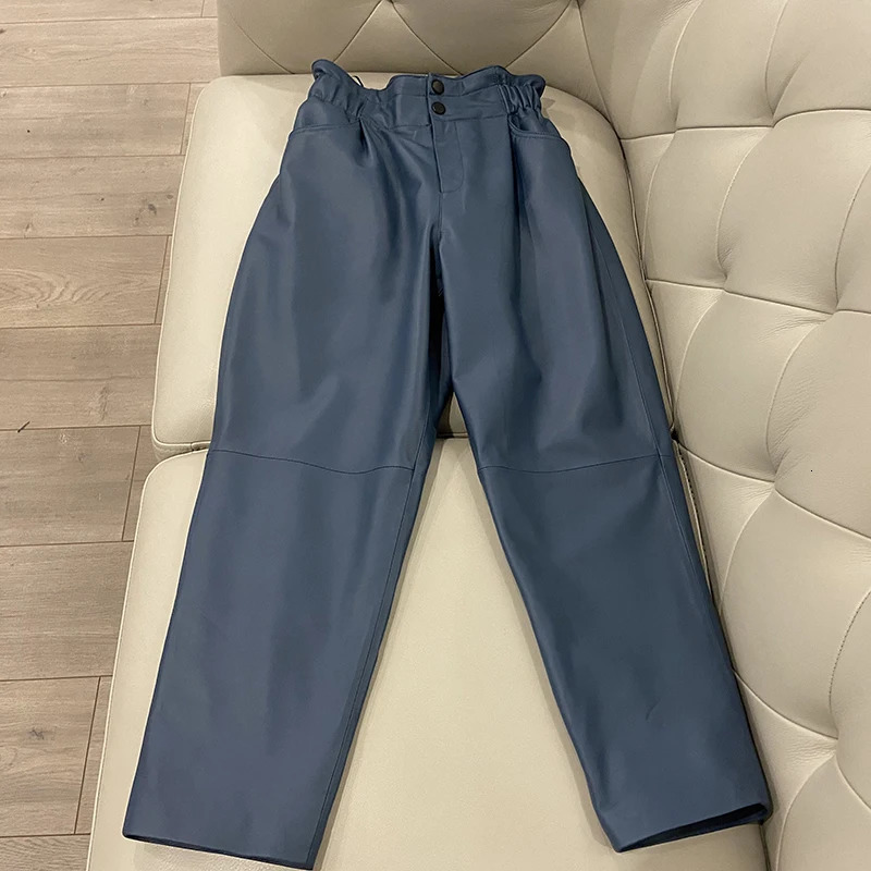 Leather pants for women in winter 2024 fashion elastic high waisted harem casual Trouser 250304