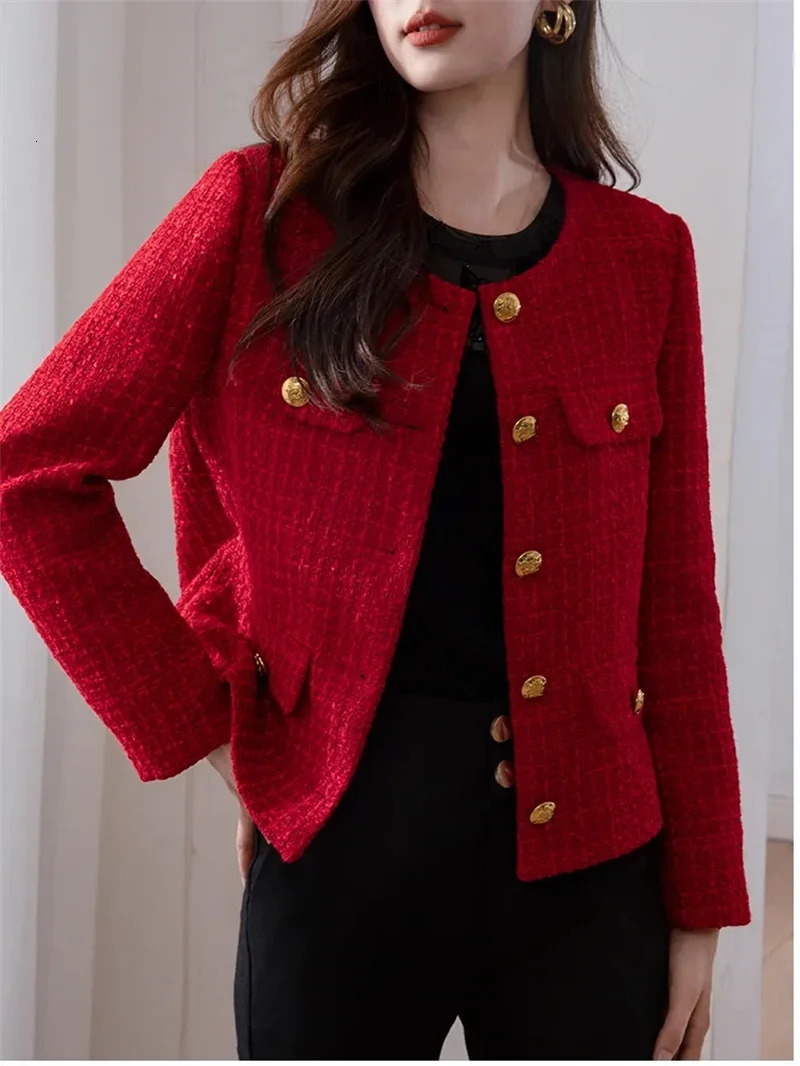 Womens Jacket Spring Autumn Red Tweed Small Fragrance Coat Short Blazers Korean Fashion Elegant Female Tops Outerwear 250304