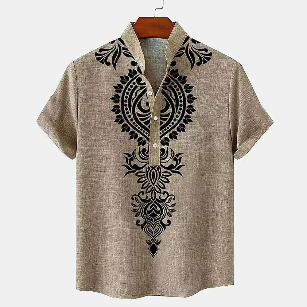 Linen Mens Tribal Totem Short Sleeve Shirt Half Cardigan Button Stand Collar TShirt Top 250227