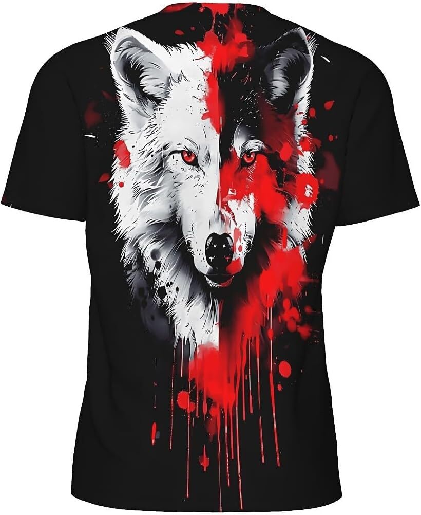 Mens T shirt Men's Novelty T-Shirts Graphic 3D Print Summer Short Sleeve Tee Shirt Red and White Wolf tee Casual tops summer clothes cool