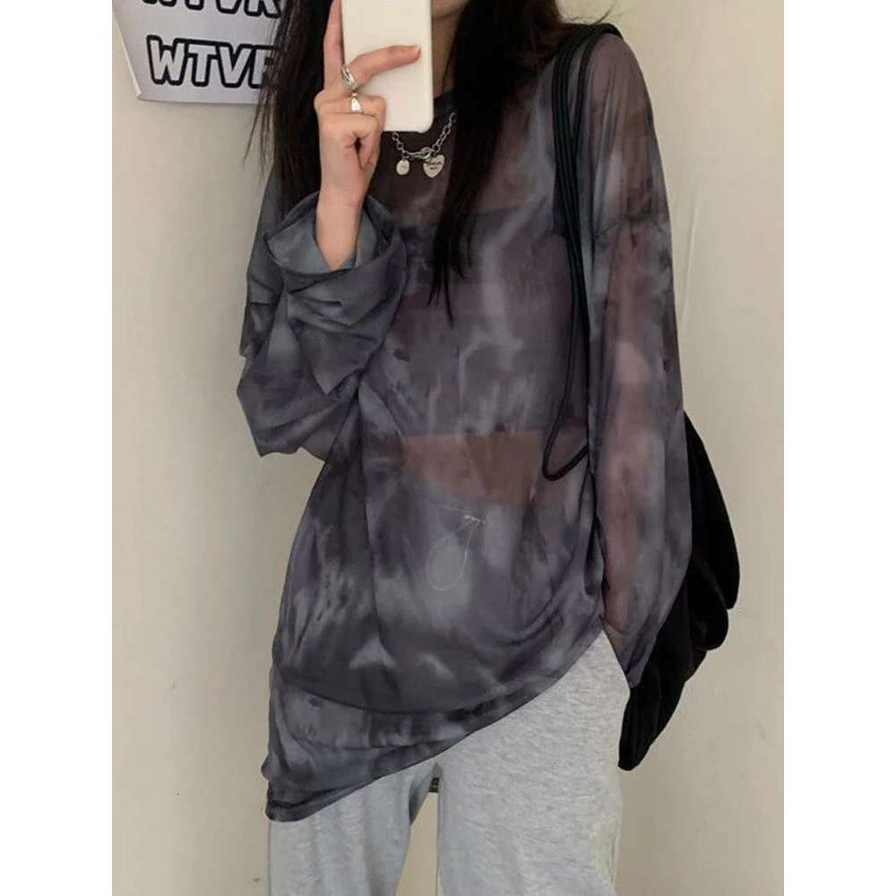 Women T-Shirt Tie Dye Long Sleeve Ladies Spring Loose High Street Stylish Thin Leisure Minimalist Haruku Ins Comfortable Chic KLMY