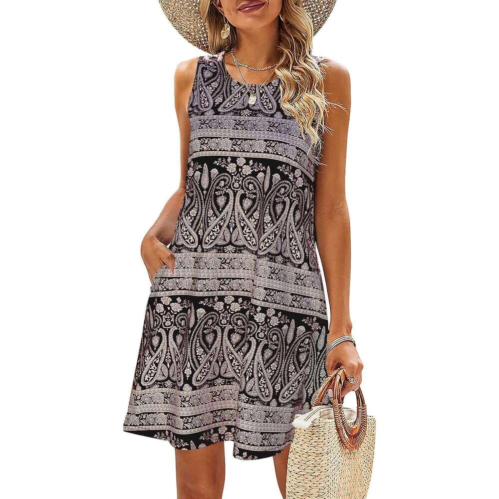 Women's summer dress beach floral T-shirt casual pocket bohemian vest skirt