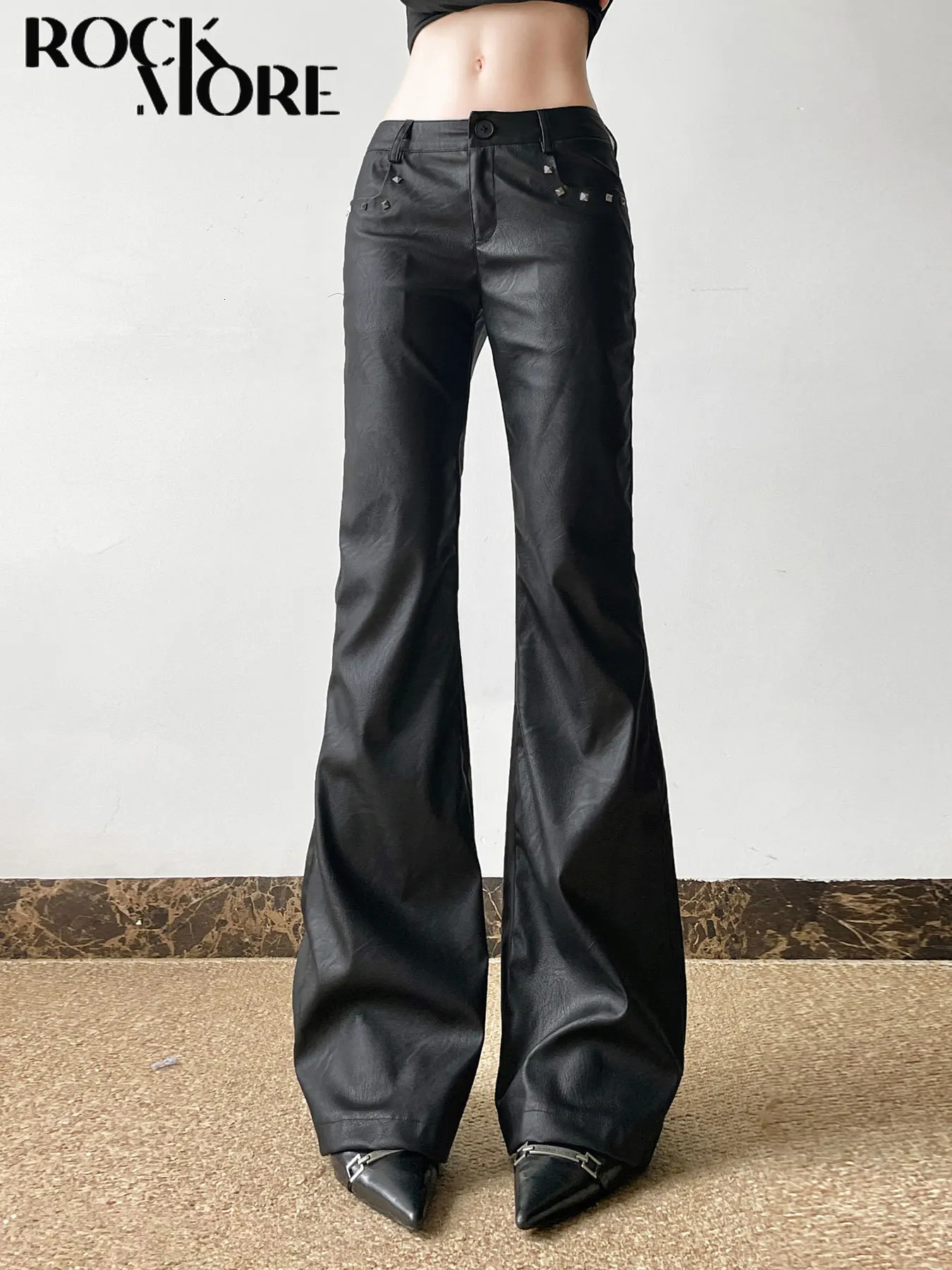 Rockmore Gothic PU Leather Womens Pants Retro Street Clothing Solid Low Waist Straight Trouser 2000s Fashion Y2k 250304
