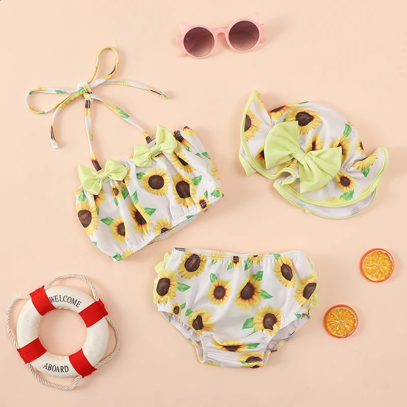 0-24M Summer Baby Girl Three Piece Swimsuit Flower Halter Swim Top Bottom and Sun Cap Bikini Set 250304