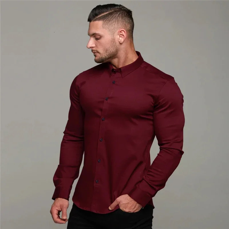 Mens Long Sleeve Super Slim Fit Plain Casual Shirt Spring Autumn Winter High Quality Turn Down Collar Business Dress 250227