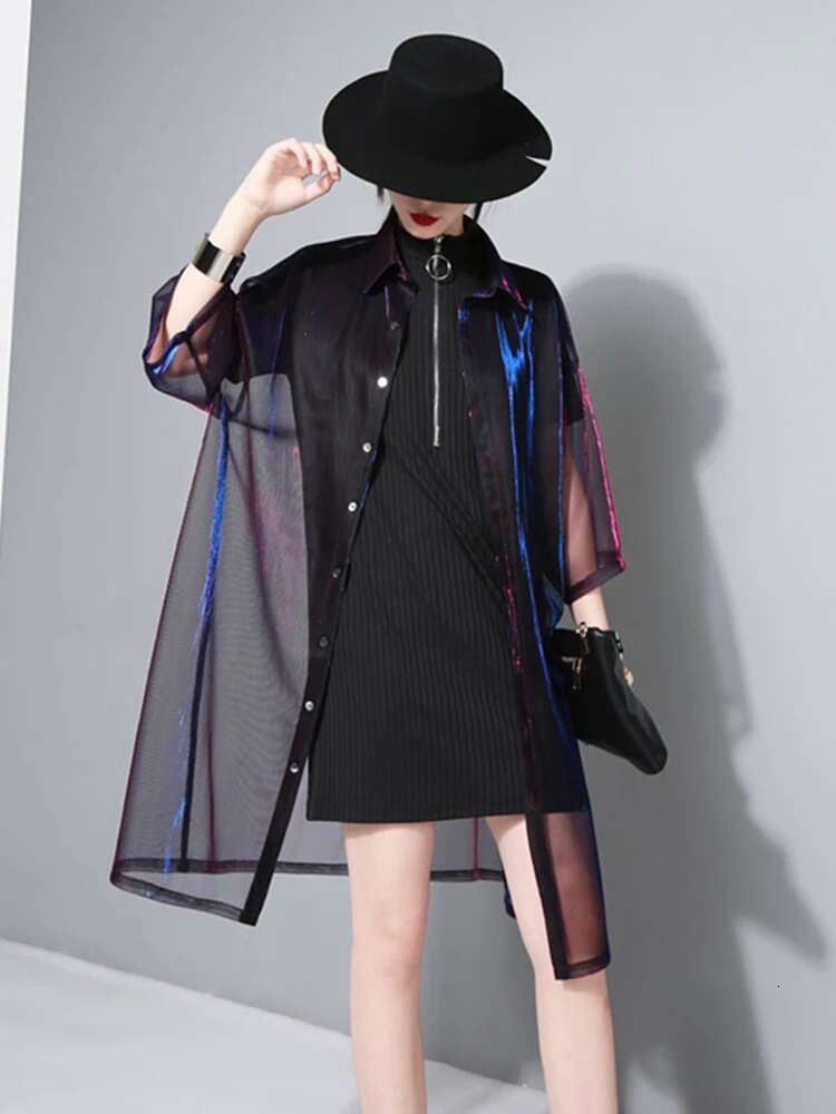 Women Green Shine Perspective Blouse New Lapel Three-Quarter Sleeve Loose Fit Shirt Fashion Tide Spring Summer