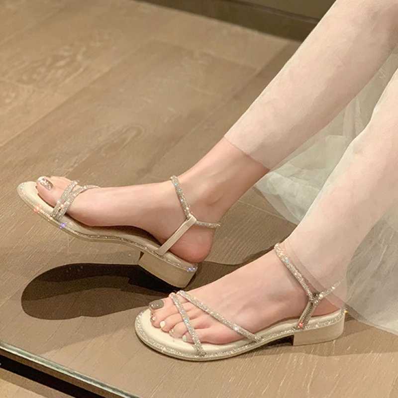 Sandals for Women Summer 2023 New Chunky Heel Fairy Wind Line with Bright Diamond Fairy Fi Roman Shoe TideXJ2500305