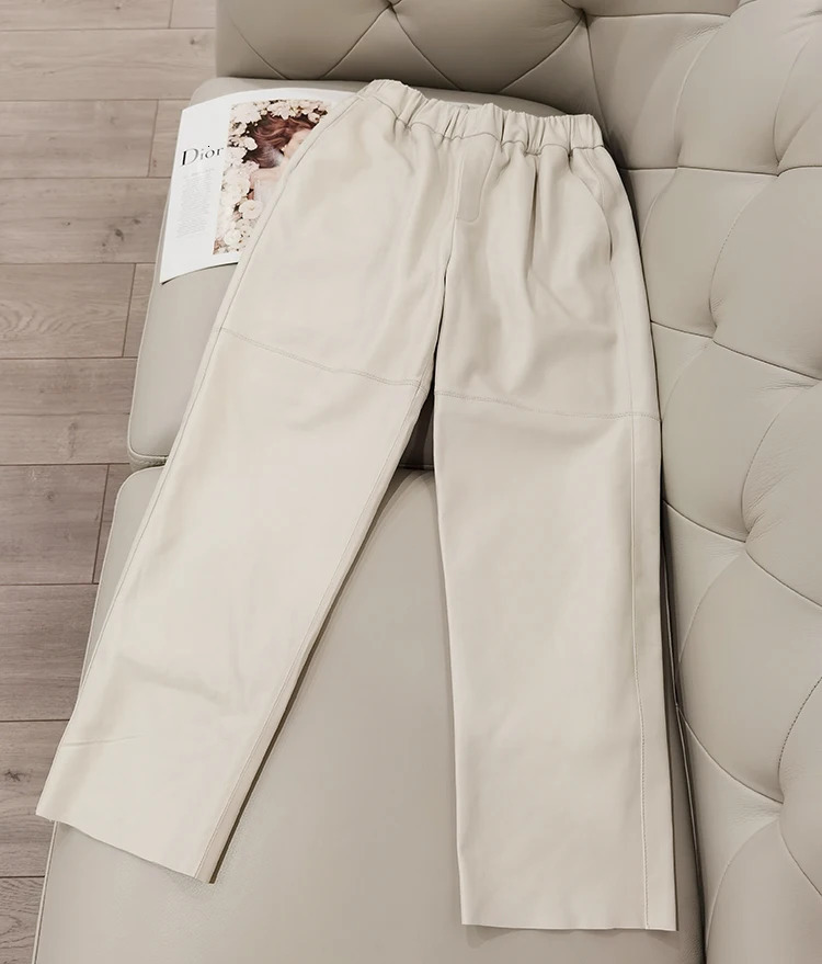 Women Pants Real Leather Pant Tousers High Waist Harem 2024 Elastic Streetwear 250304