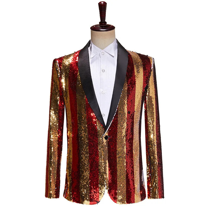 Mens Shining Sequin Stripes Suit Jackets Gold Red Shawl Collar Formal Blazer Male Singer Bar Concert Performance Tuxedo Costume 250304