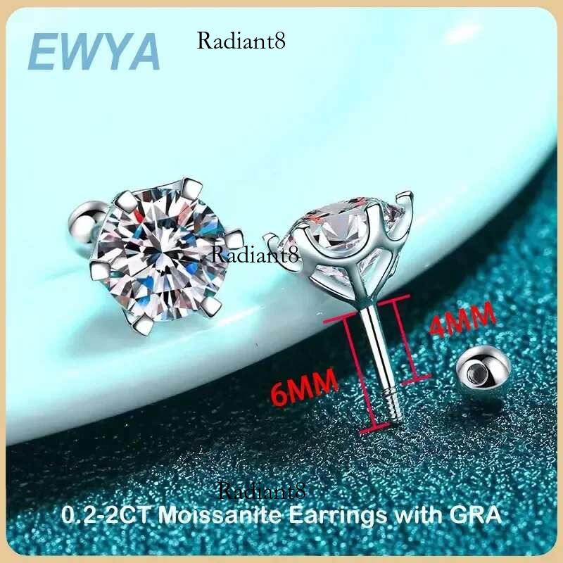 EWYA 0.5-2ct Moissanite Screw Stud D Color Sterg Sier 6 Prong Dia Earrings For Women Wedding Fine Jewelry