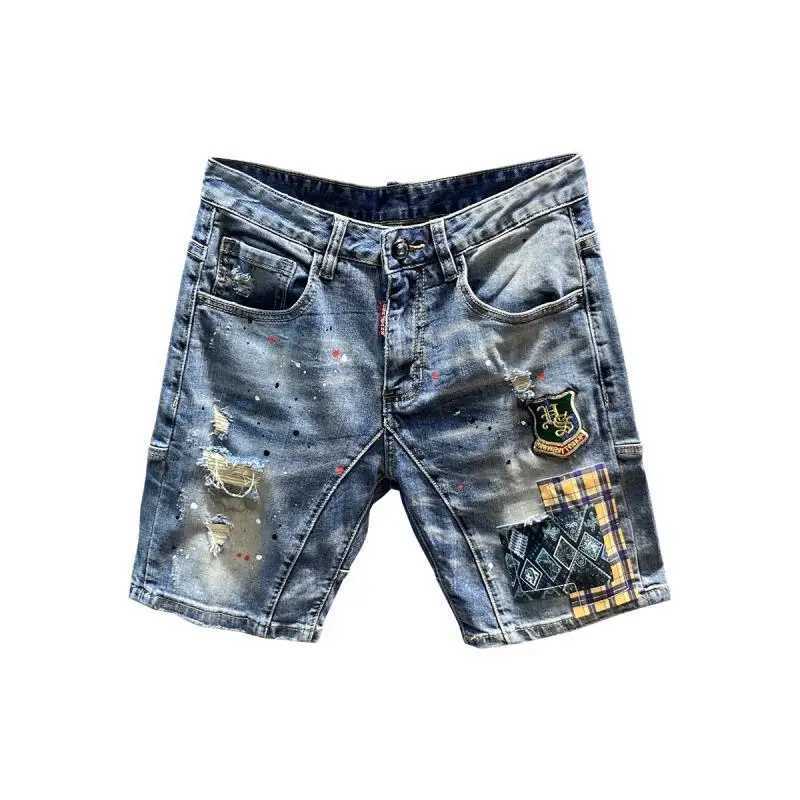 High Quality Luxury Clothing Streetwear Korean Cowboy Fashion Embroidery Patch Knee Length Shorts Mens Summer Casual JeansT250305