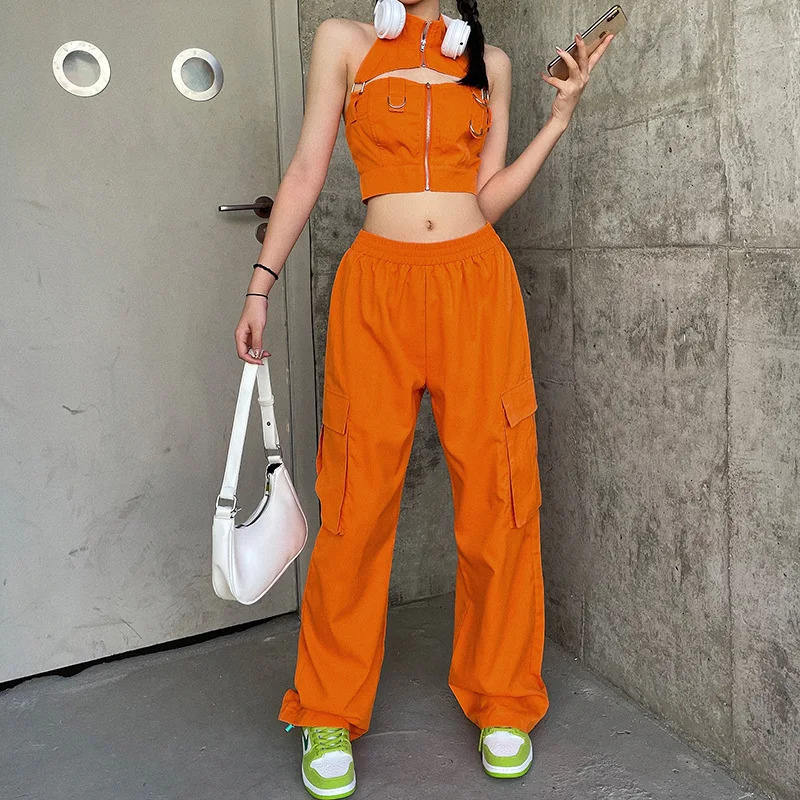 Puloru Orange Baggy Cargo Pants Women Casual High Elasitc Waist Straight-Leg Trousers with Side Pockets Streetwear Sweatpants 250304