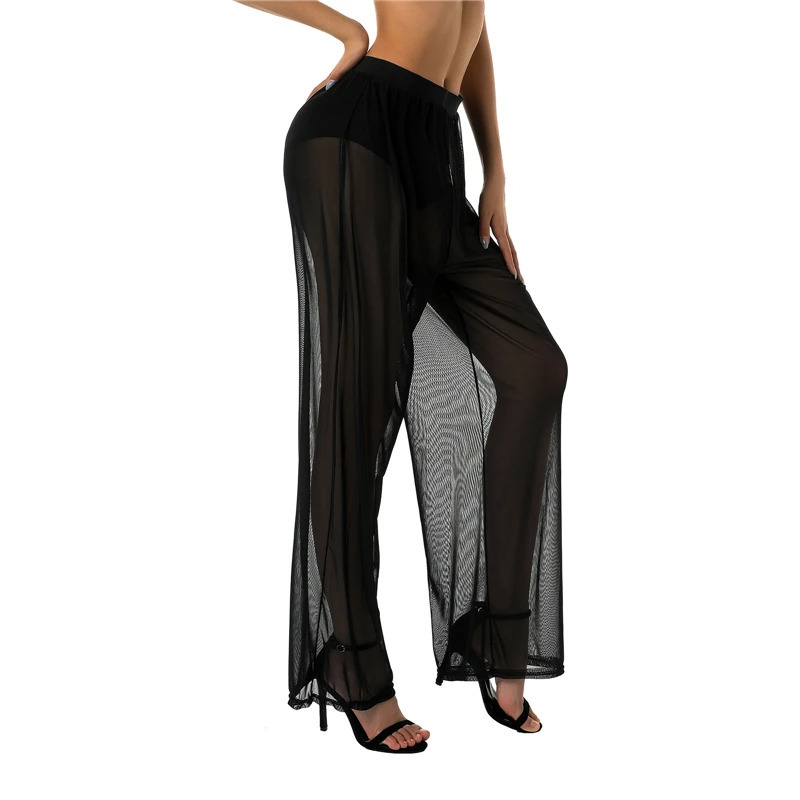 Sexy See-through High Waist Pant Women Long Casual Y2K Straight Trouser Female See Through Wide Leg Long Pants Summer Streetwear 250304
